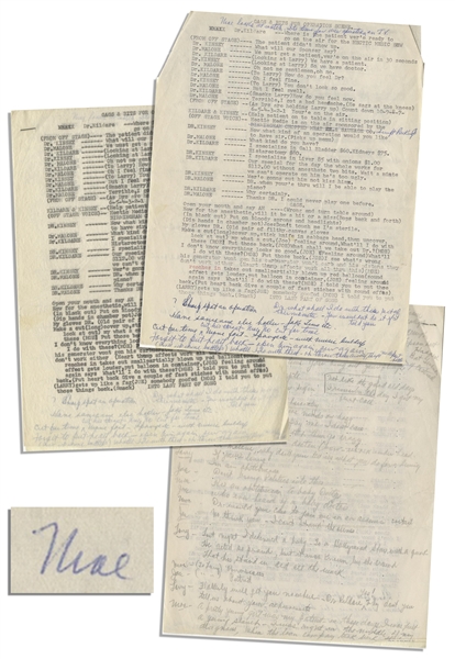 Moe Howard's 3pp. Skit Entitled ''Gags & Bits for Operation Scene'' With Curly Joe -- Signed Multiple Times by Moe With Entire Page Handwritten by Him on Verso of Typed Page -- On 2 Sheets, Very Good